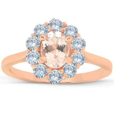 Pompeii3 1 1/4 Ct Tw Oval Morganite Halo Diamond Ring 14k Rose Gold In Pink