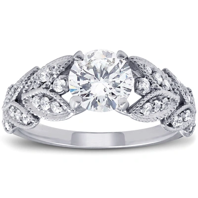 Pompeii3 1ct Diamond Engagement Ring Vintage Petal Vine Leaf Band 14k White Gold In Silver