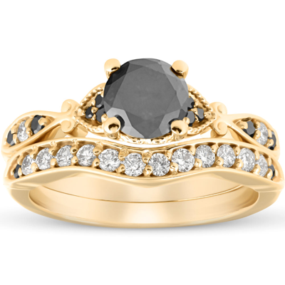 Pompeii3 1 3/4 Ct Black & White Diamond Engagement Wedding Ring Set 10k Yellow Gold In Grey