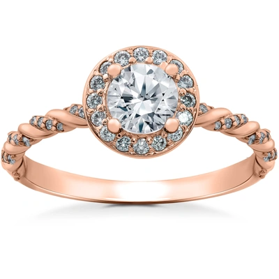Pompeii3 1 Ct Lab Grown Diamond Mckenna Halo Engagement Ring & Matching Band 14k Gold In Beige