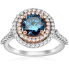 Pompeii3 2.10ct Double Halo Blue Diamond 14k Rose & White Gold Halo Engagement Ring In Silver