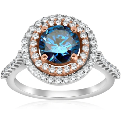 Pompeii3 2.10ct Double Halo Blue Diamond 14k Rose & White Gold Halo Engagement Ring In Silver