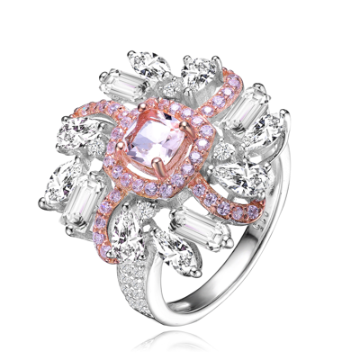 Genevive Sterling Silver Two Tone Plated Cubic Zirconia Cluster Ring In Pink