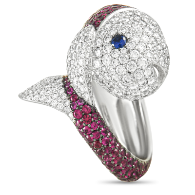 Chopard 18k White Gold 1.88 Ct Diamond, Ruby And Sapphire Fish Ring In Silver