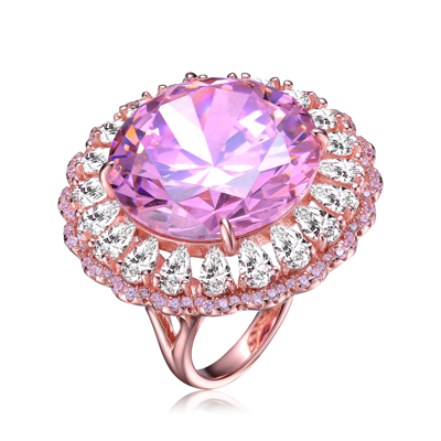 Genevive Sterling Silver Rose Gold Plated Pink Cubic Zirconia Flower Cocktail Ring