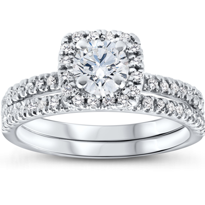 Pompeii3 5/8 Ct Lab Grown Diamond Cushion Halo Engagement Wedding Ring Set White Gold Ex3 In Silver