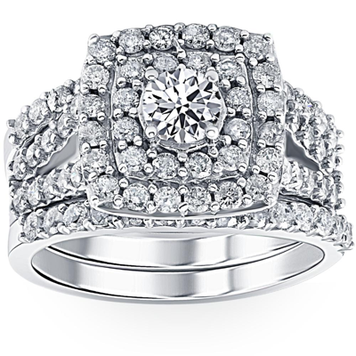 Pompeii3 3 Ct Diamond Engagement Wedding Double Cushion Halo Trio Ring Set 14k White Gold In Silver