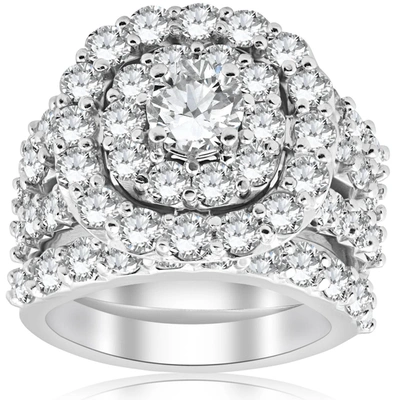 Pompeii3 5 Ct Diamond Engagement Cushion Halo Trio Engagement Wedding Ring Set White Gold In Silver