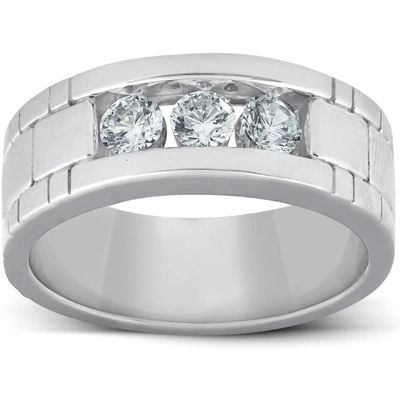 Pompeii3 10k White Gold 1 Ct Three Stone Mens Heavy Weight Anniversary Ring In Silver