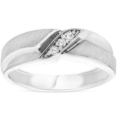 Pompeii3 Mens 1/10ct White Gold Diamond Ring Contour Brushed Three Stone Wedding Band In Silver