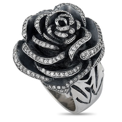 King Baby Silver And White Cubic Zirconia Rose Ring In Black