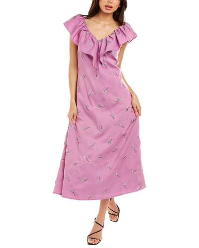 Olivia Rubin Embroidered Slub-twill Midi Dress In Pink