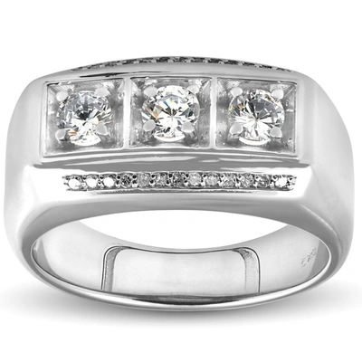 Pompeii3 1ct Diamond Mens Three Stone Wedding Anniversary Ring 10k White Gold In Silver
