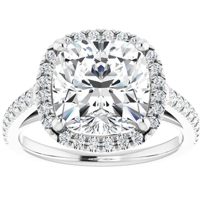 Pompeii3 3 1/2 Ct Cushion Moissanite & Lab Diamond Engagement Halo Ring 10k White Gold In Silver