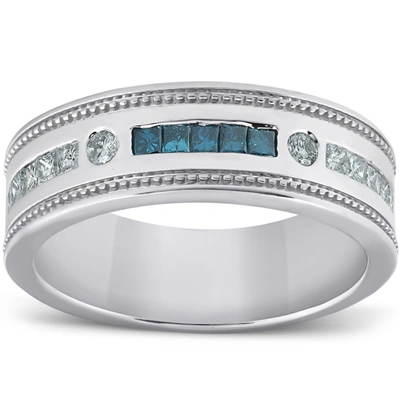 Pompeii3 1/2 Ct Mens Blue Diamond Princess Cut Wedding Ring 10k White Gold In Silver
