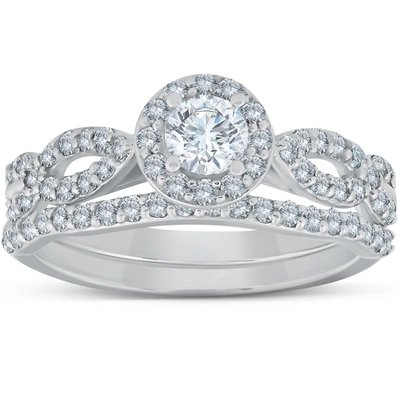 Pompeii3 1 Ct Halo Ex3 Lab Grown Diamond Engagement Wedding Ring Set 14k White Gold In Silver