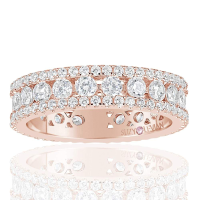 Suzy Levian Rose Sterling Silver Cubic Zirconia White Three Row Modern Eternity Band In Pink