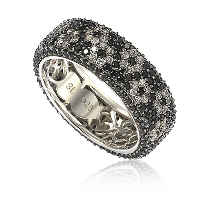 Suzy Levian Sterling Silver Cubic Zirconia White & Black Pave Flower Eternity Band Ring