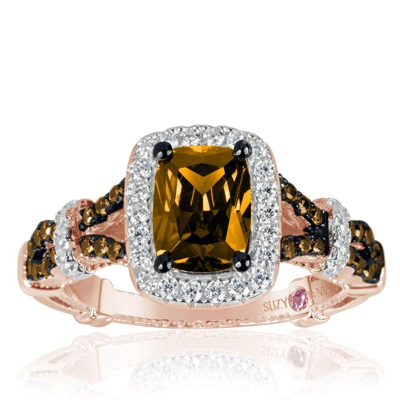Suzy Levian Rose Sterling Silver Champagne And White Cubic Zirconia Engagement Ring In Brown