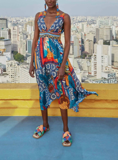 blue midi dress puff sleeve Genevieve Puffed-Sleeve Midi Dress