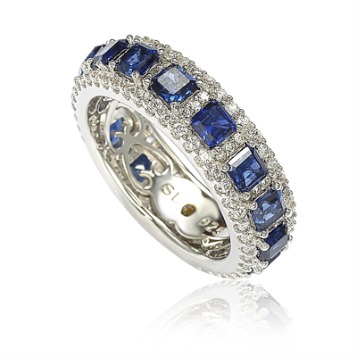 Suzy Levian Sterling Silver Sapphire And Diamond Modern Eternity Band In Blue