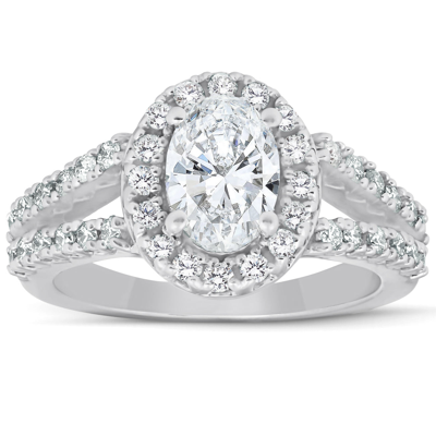 Pompeii3 1 1/2 Ct Oval Cut Diamond Halo Split Shank Engagement Ring 14k White Gold In Silver