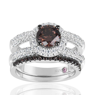 Suzy Levian Sterling Silver Brown Chocolate And White Cubic Zirconia 2-piece Engagement Ring