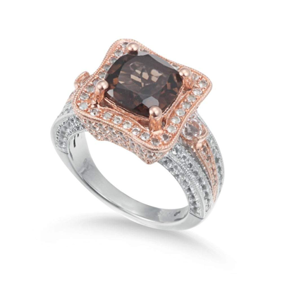 Suzy Levian Two-tone Sterling Silver 5.48 Cttw Cushion Cut Smoky Quartz Ring In Brown