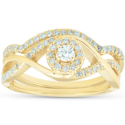 Pompeii3 3/8ct Diamond Engagement Wedding Ring Set Infinity Twist Halo 10k Yellow Gold