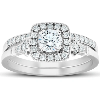 Pompeii3 .75 Ct Cushion Halo Diamond Engagement Wedding Ring Set 14k White Gold Lab Grown In Silver