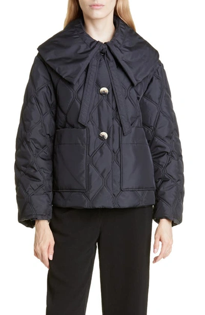 Ganni Enlarged Collar Quilted Button Up Jacket In Black