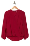T Tahari Long Sleeve Faux Wrap Blouse In Haute Red