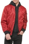 Guess Men's Bomber Jacket With Removable Hooded Inset In Oxblood