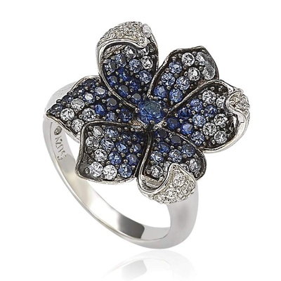 Suzy Levian Sapphire And Diamond In Sterling Silver Flower Petal Ring In Blue