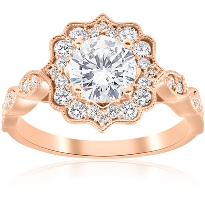 Pompeii3 1 1/2ct Vintage Diamond Halo Engagement Ring 14k Rose Gold Art Deco Design In Silver