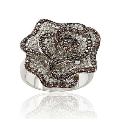 Suzy Levian Sterling Silver Brown And White Cubic Zirconia Pave Flower Ring