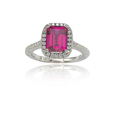 Suzy Levian Sterling Silver Asscher-cut Created Ruby Cubic Zirconia Halo Ring In Red