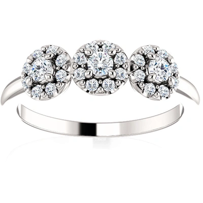 Pompeii3 1/2 Ct Three Stone Lab Grown Diamond Halo Engagement Ring White Gold In Silver