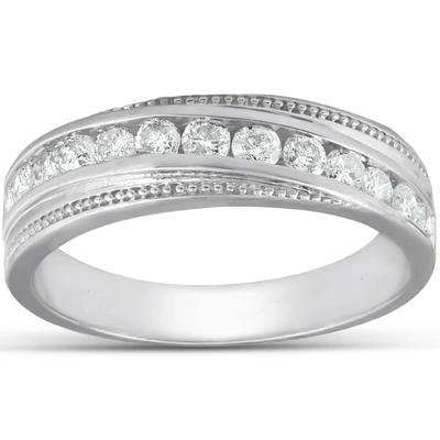 Pompeii3 1/2 Ct Mens Diamond Wedding Ring With Bead Accent High Polished 10k White Gold In Silver