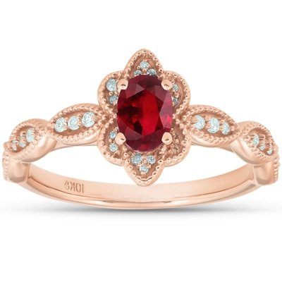 Pompeii3 3/4 Ct Oval Genuine Ruby & Diamond Halo Anniversary Engagement Ring Rose Gold In Red