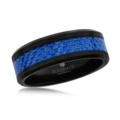 Blackjack Black Tungsten Ring W/ Blue Carbon Fiber