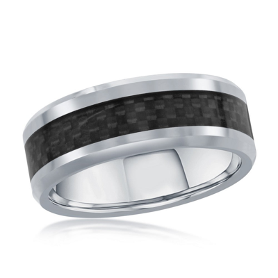 Blackjack Silver Tungsten Ring W/ Black Carbon Fiber