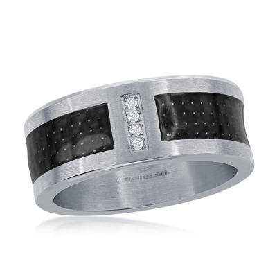 Blackjack Stainless Steel Black Carbon Fiber Cz Ring In Grey