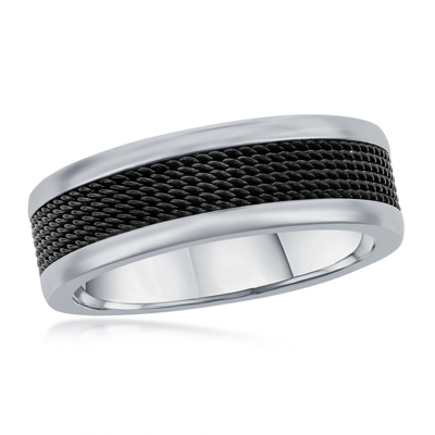 Blackjack Stainless Steel Black Mesh Inlay Polished Band Ring In Silver