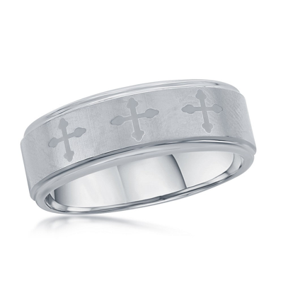 Blackjack Brushed & Polished Cross Tungsten Ring In Silver