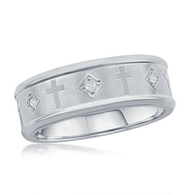 Blackjack Stainless Steel Brushed & Polished Cz Cross Ring In Silver