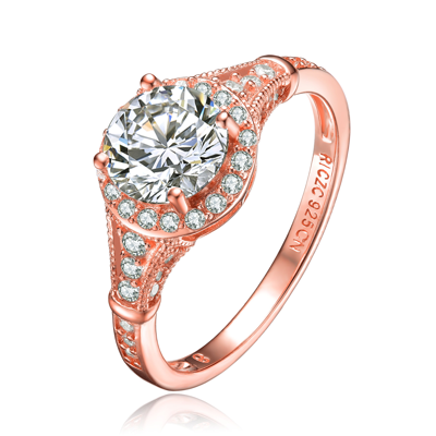 Genevive Sterling Silver Rose Gold Plated Cubic Zirconia Halo Engagement Ring In Pink