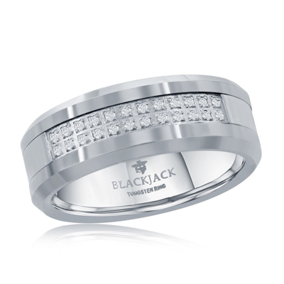 Blackjack Brushed And Polished Double Row Cz Silver Tungsten Ring