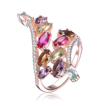 Genevive Sterling Silver Rose Gold Plated Multi Colored Cubic Zirconia Coctail Ring In Pink