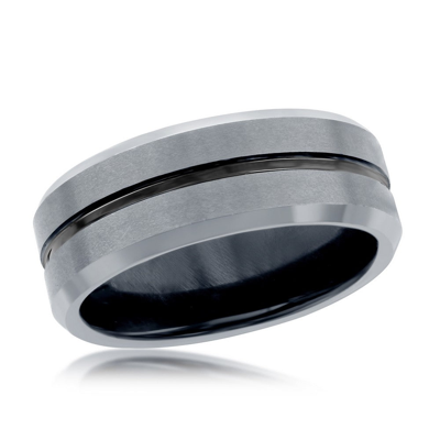 Blackjack Matte & Polished Silver And Black Stripe Tungsten Ring In Grey